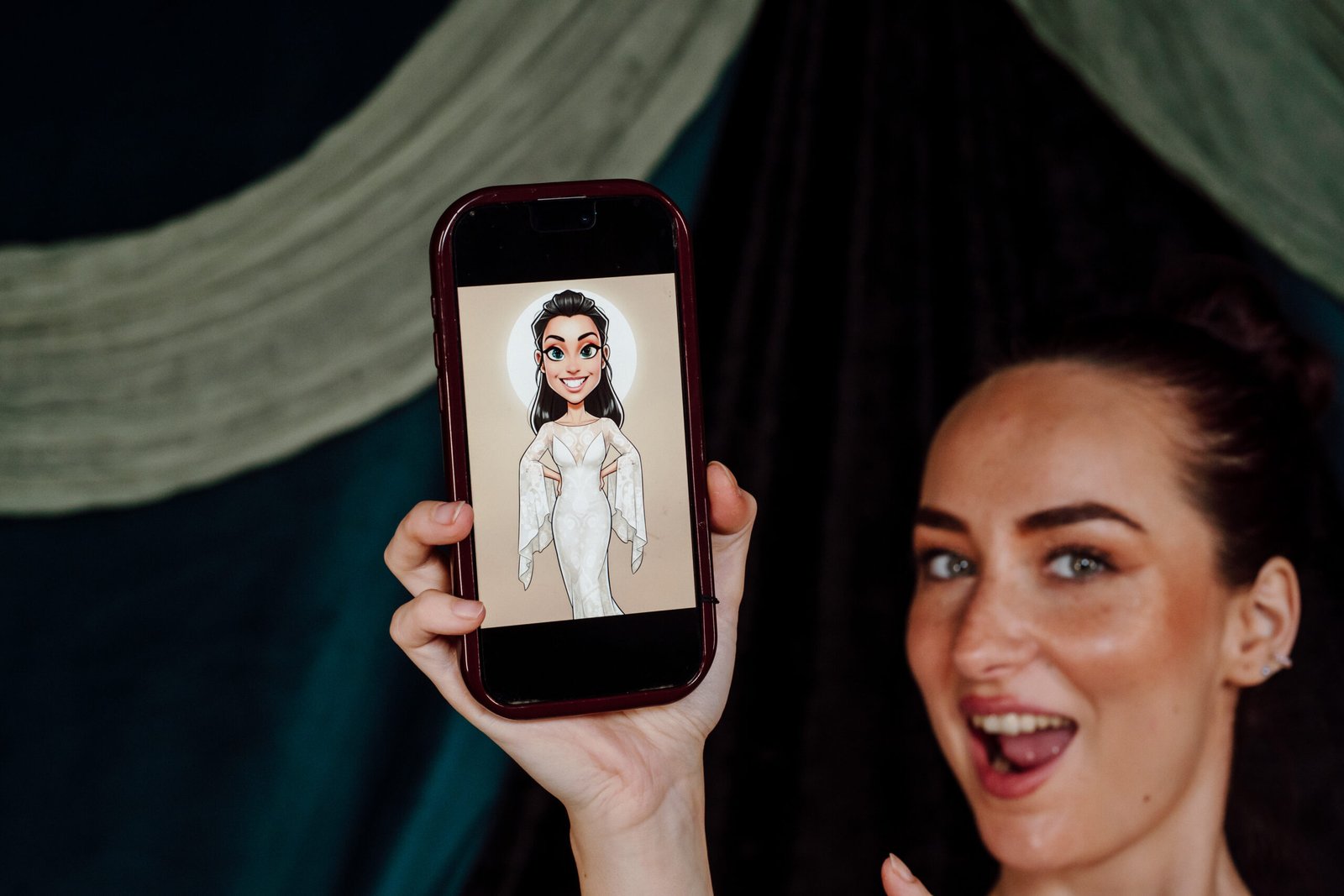 Bride holding a phone with an AI image from a photo booth