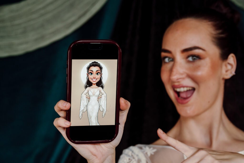 Bride holding up a phone showing an AI generated image of herself as a bride