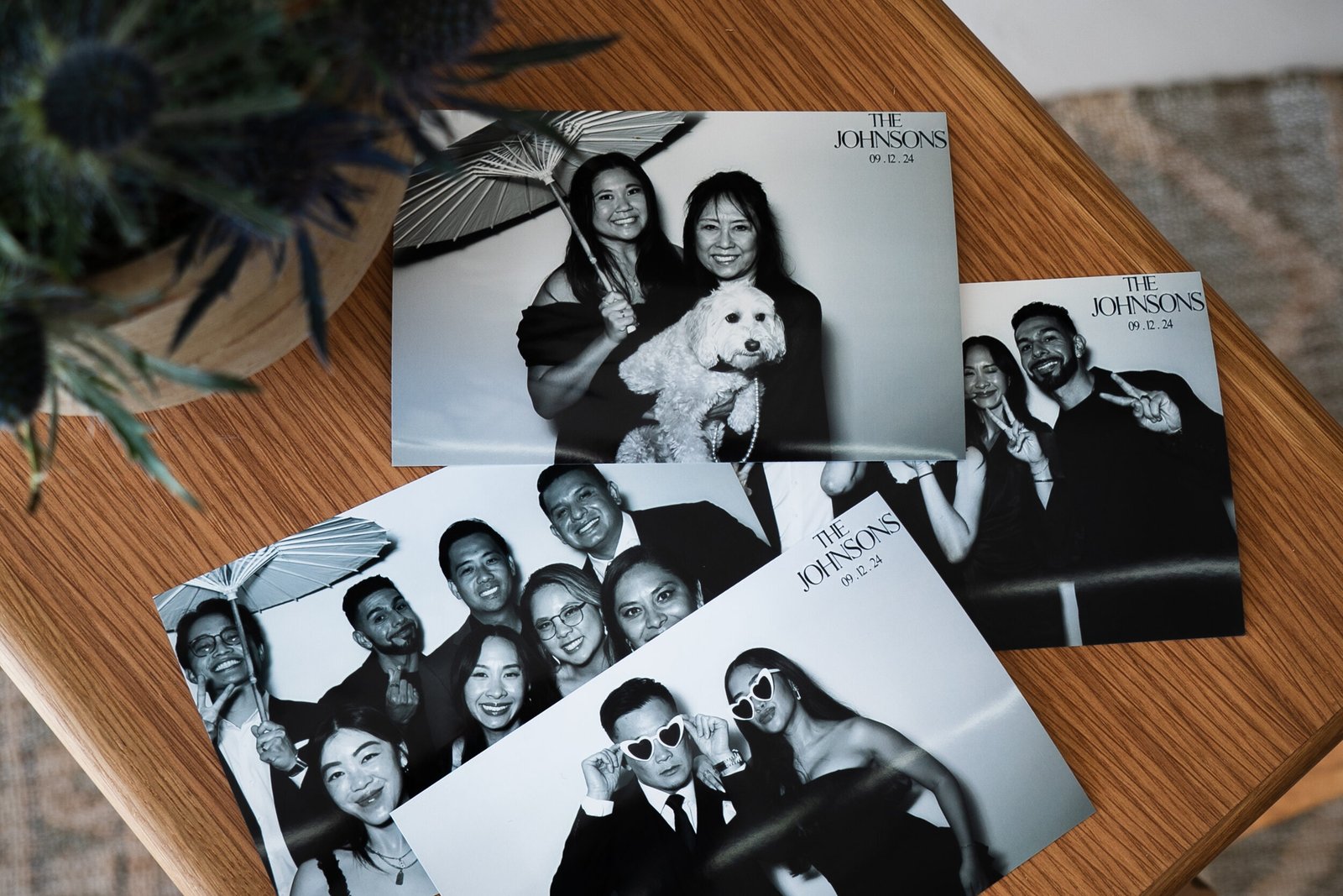 Physical black and white photo prints from a photo booth