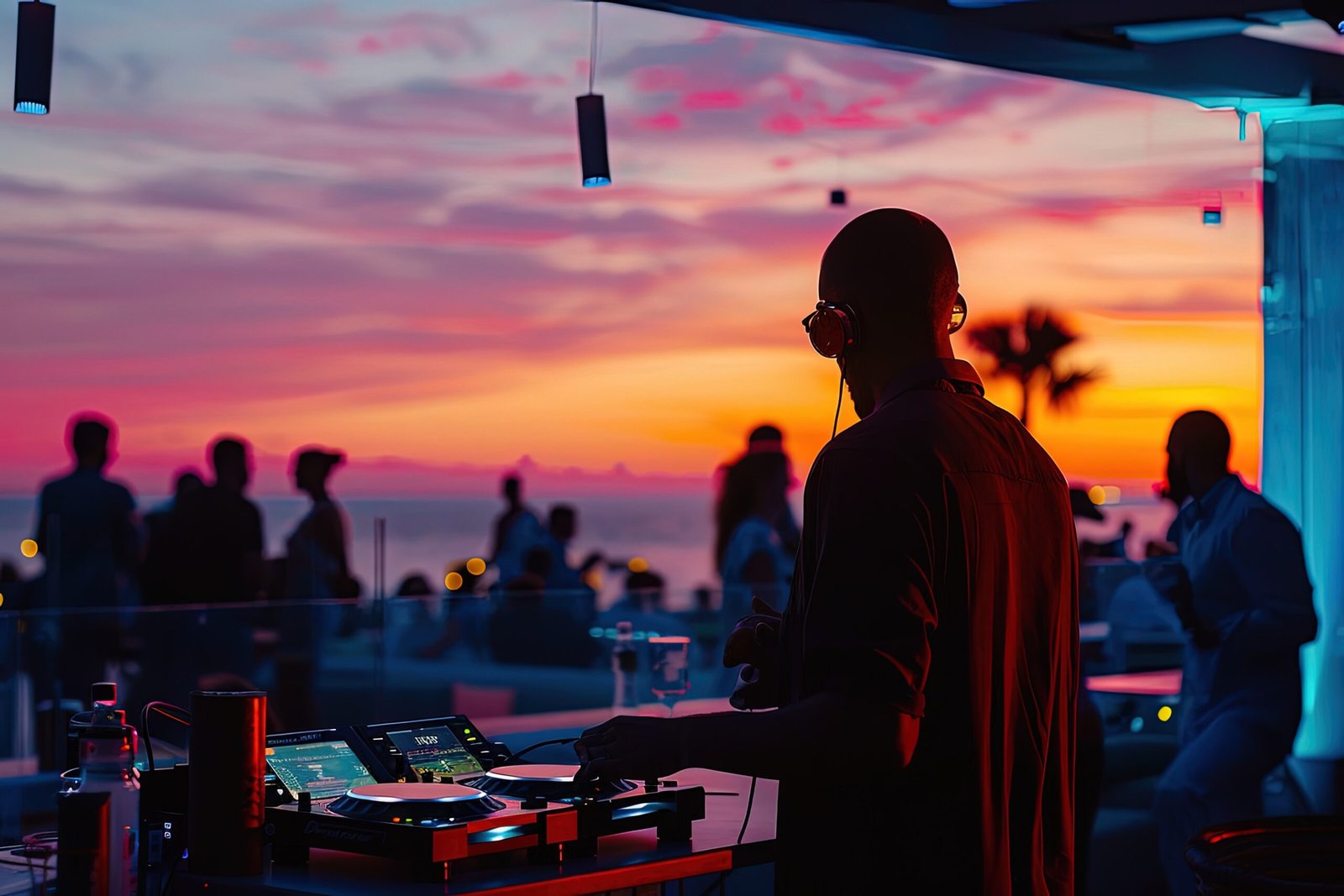 dj mixing music front sunset