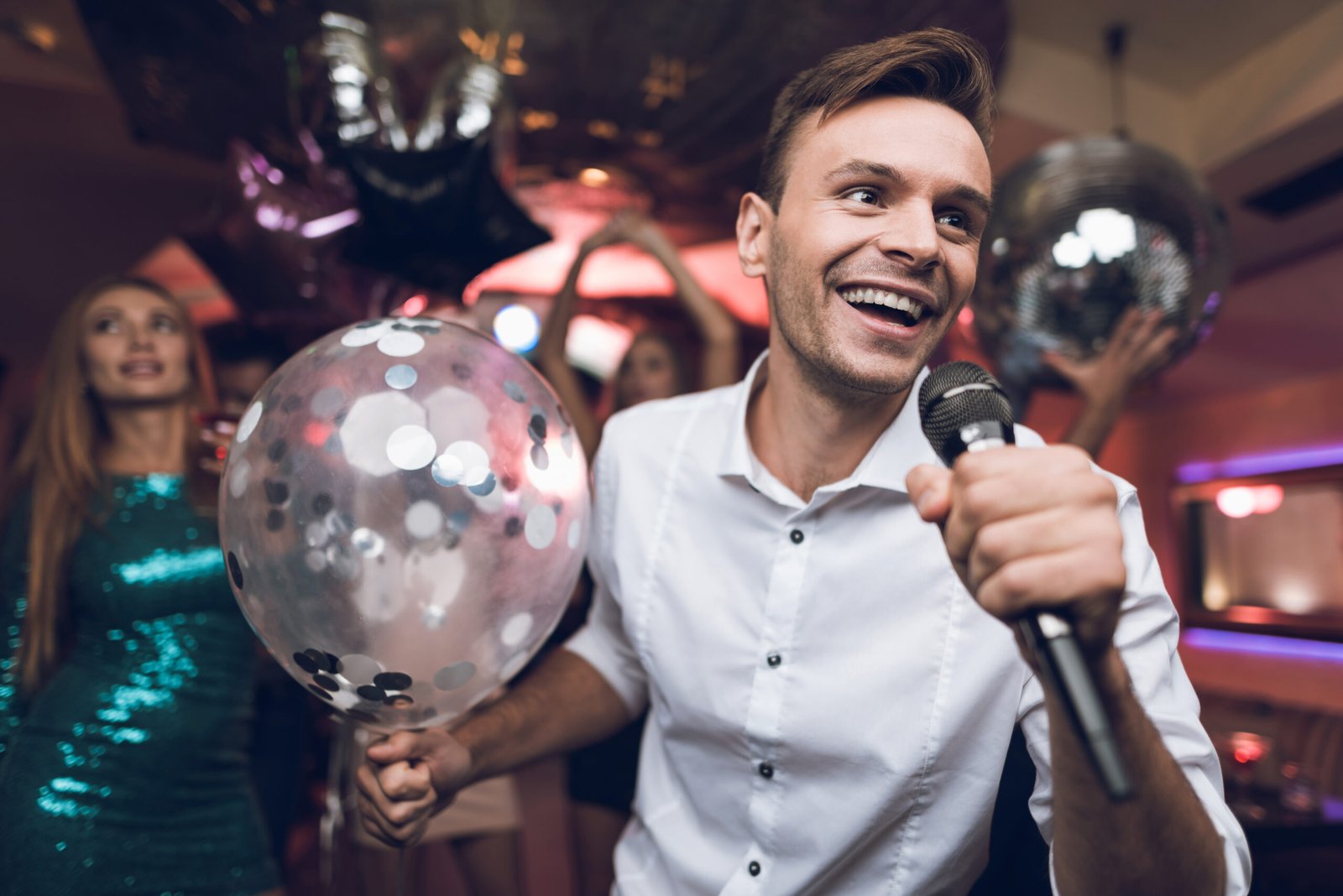 people have fun nightclub sing karaoke